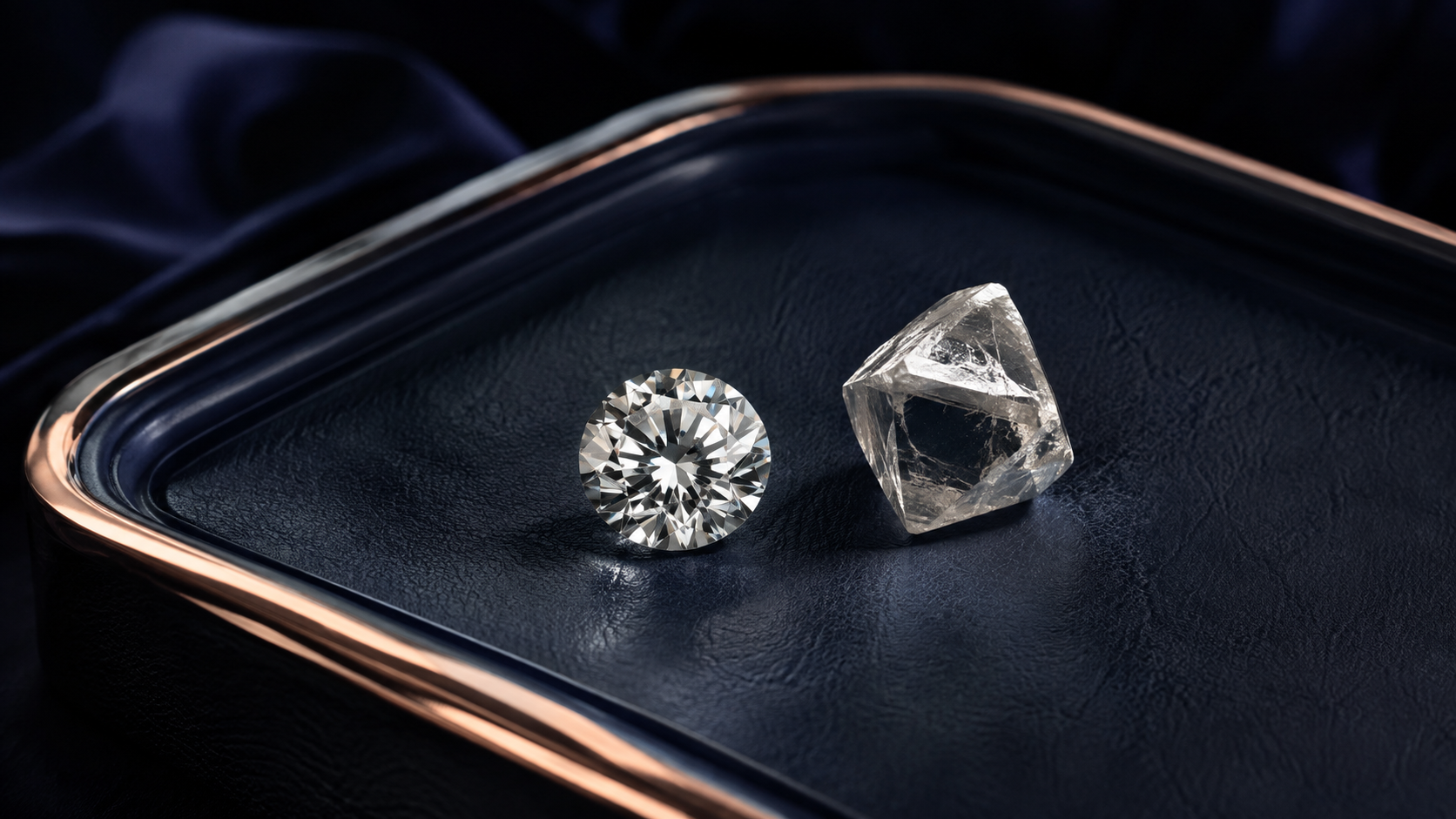 A single round brilliant diamond centred on a dark leather tray with an octahedral rough diamond crystal beside it
