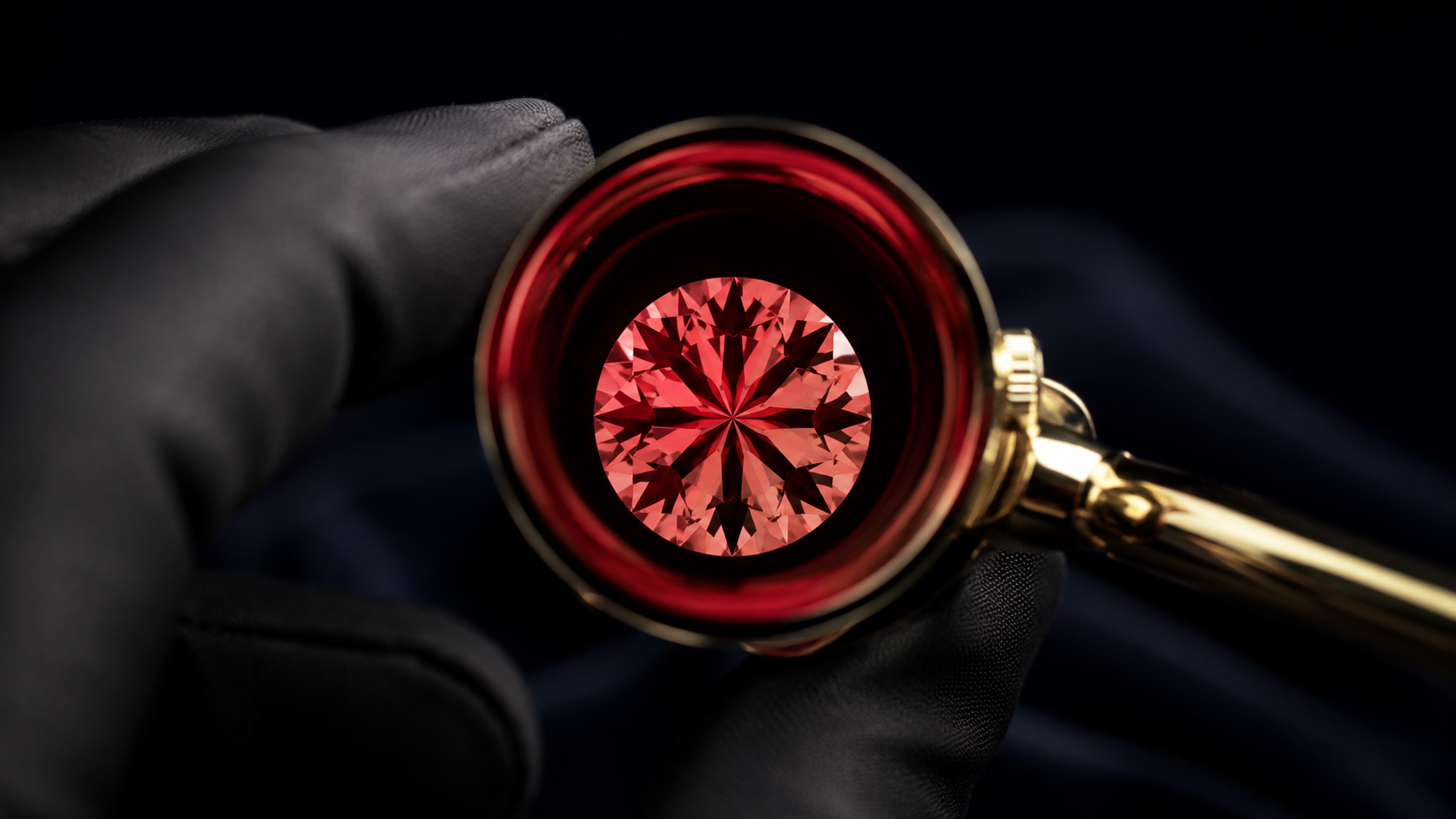 A round diamond seen through a small red-tinted viewing cone, showing a pattern of eight symmetrical dark arrows across its face