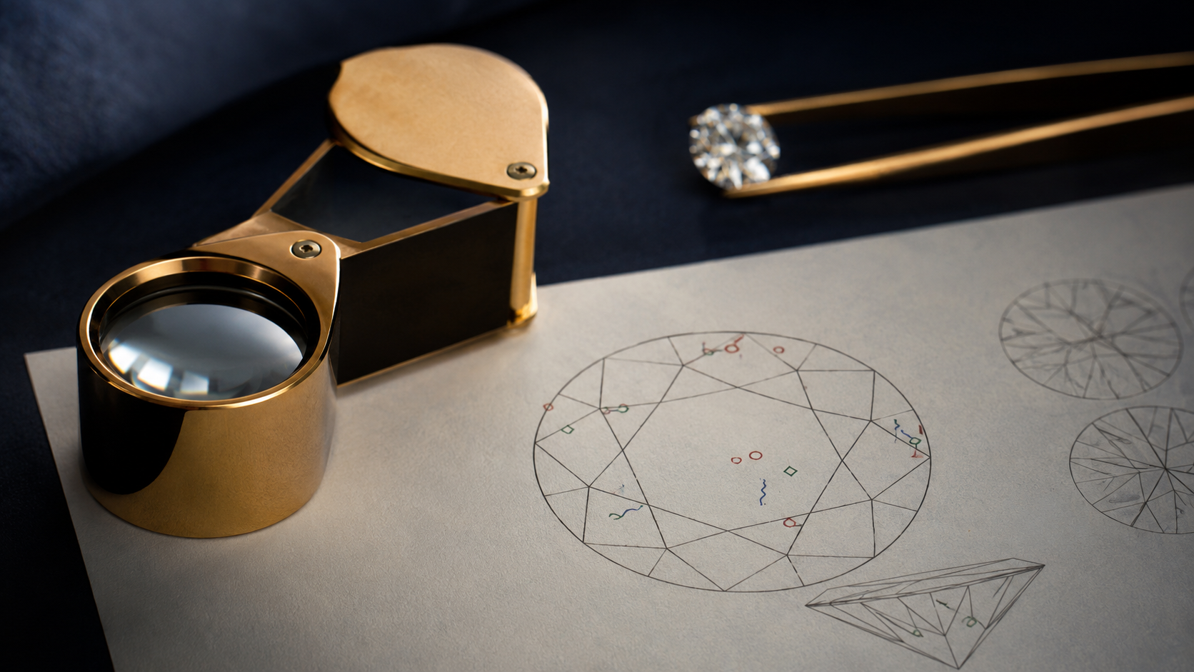 A diamond grading report plot diagram lying on a desk beside a loupe, with small symbols marked on the outline of a round stone