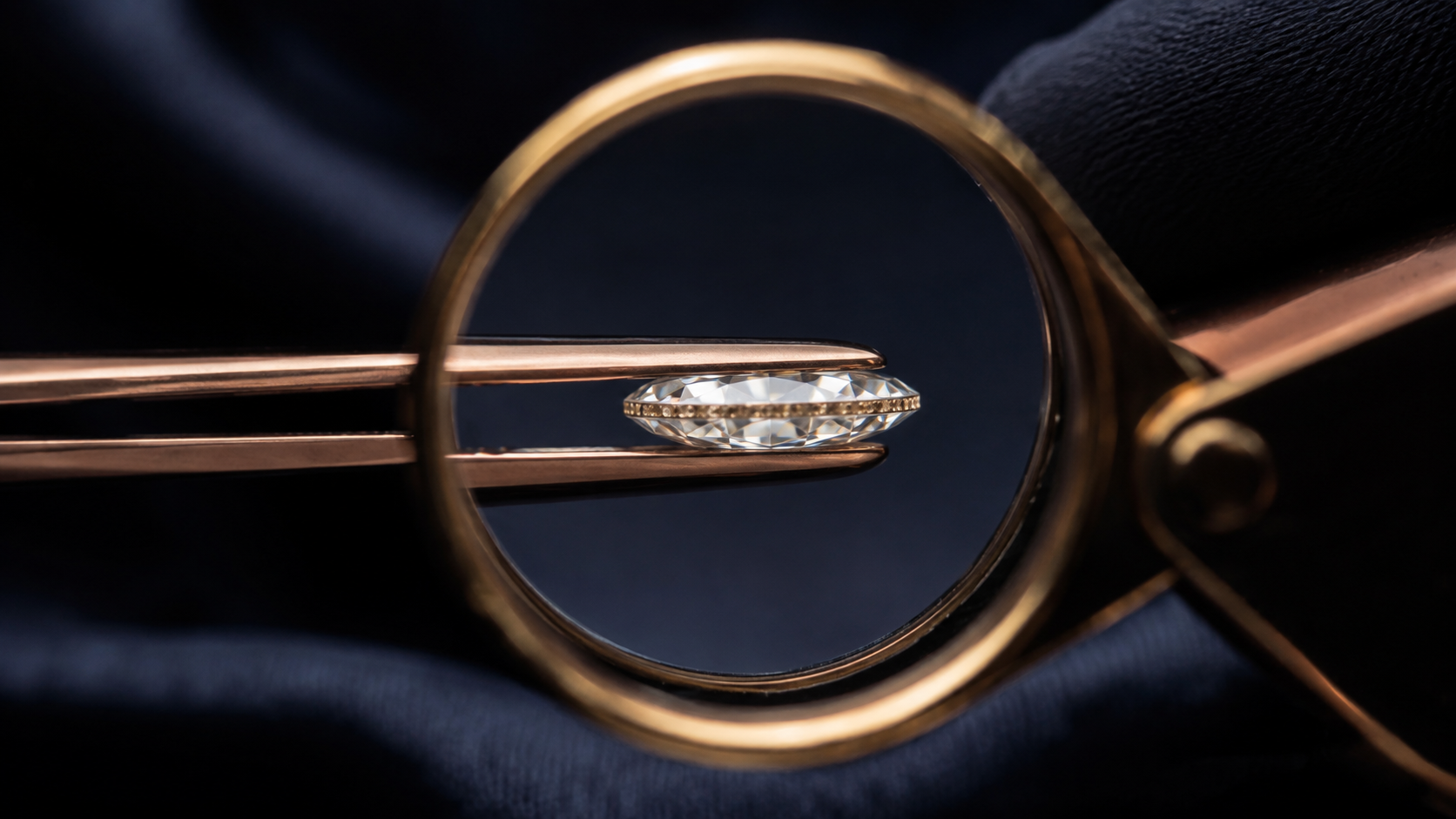 A round diamond held edge on in tweezers under a magnifying loupe, with a row of tiny characters just visible along its thin outer edge