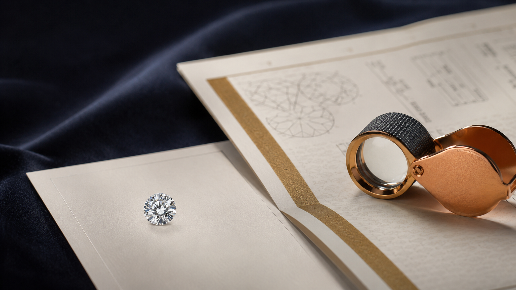 A loose diamond on a white background beside a grading report, with a magnifying loupe resting on the comments section