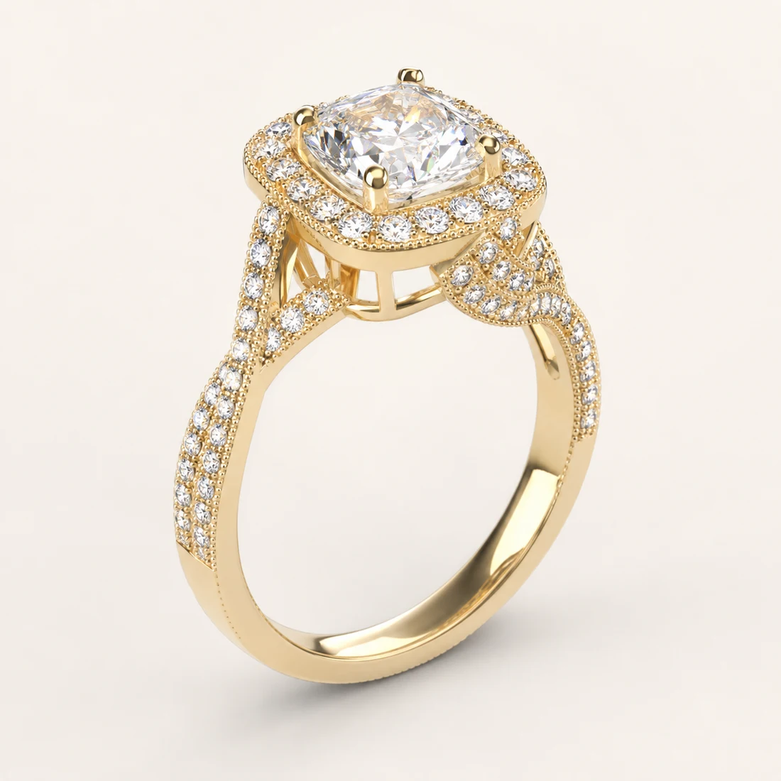 Milgrain halo engagement ring visualised from the atelier's own CAD file